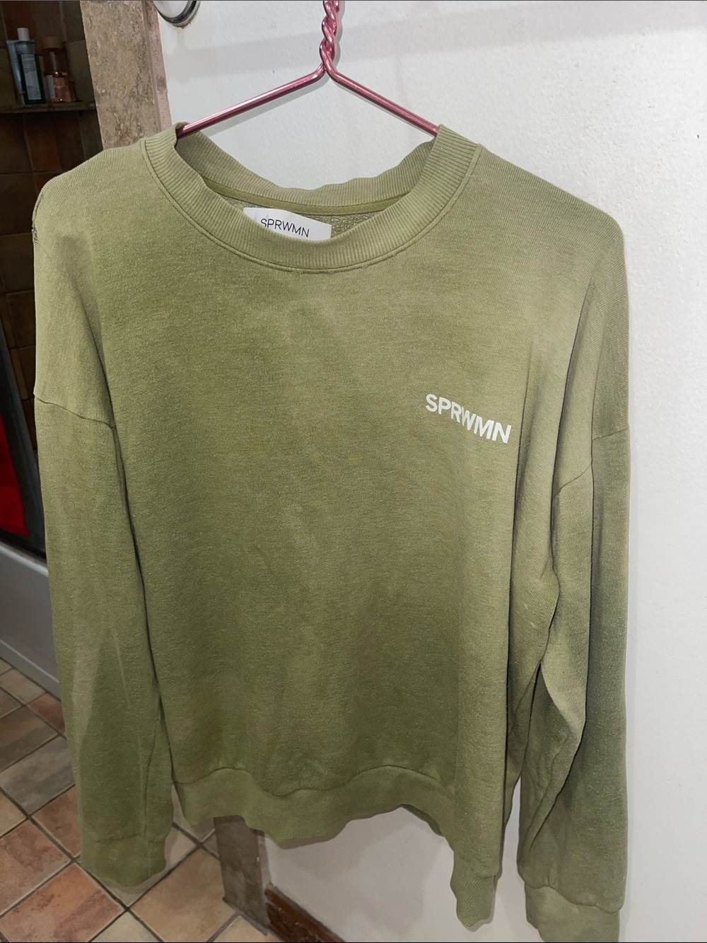 SPRWMN Olive Green peeled logo sweatshirt